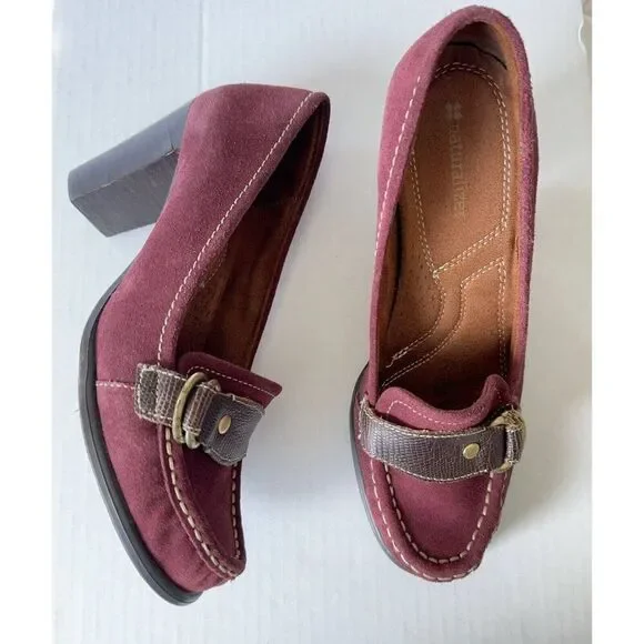 Womens Loafer Shoes Burgundy Suede Pumps Brown Strap Buckle Sz 7 7M - Picture 3 of 13
